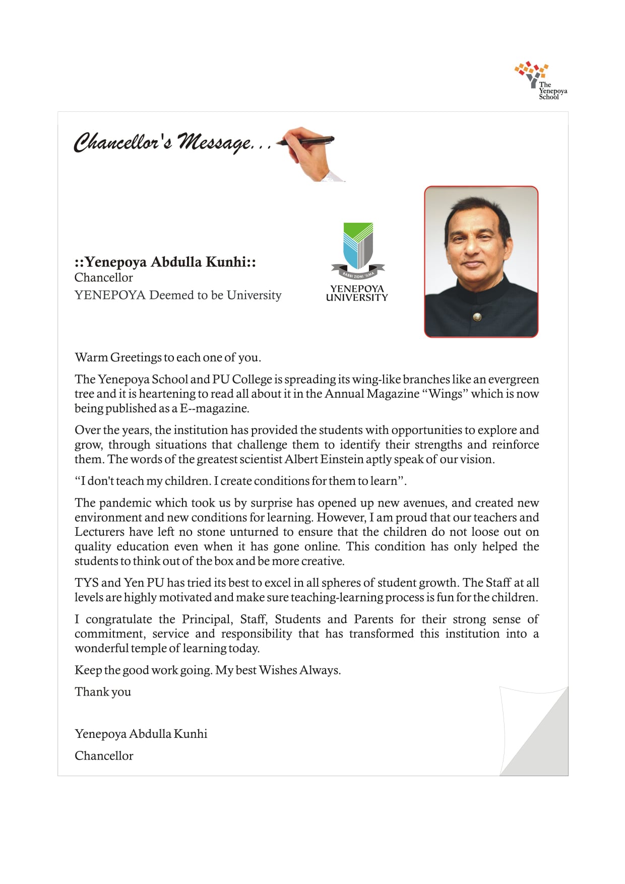 WINGS ANNUAL MAGAZINE The Yenepoya School Mangalore